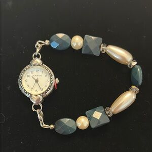 Bracelet Watch with teal goldstone and Swarovski pearls, Jablonex & sterling.